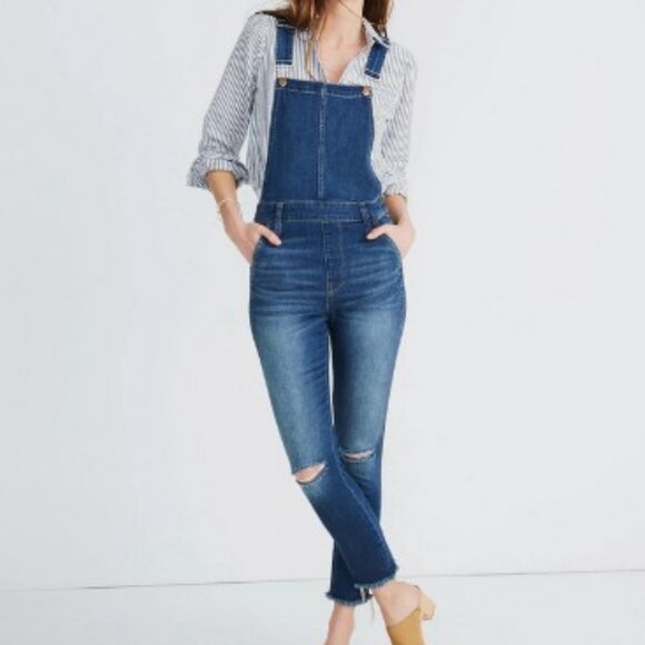 Madewell Roadtripper Blue Denim Stretch Cotton Distressed Overalls - Picture 1 of 14